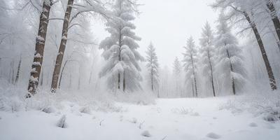 The image features a snowy landscape with a group of trees covered in snow. The trees are surrounded by a white snowy field, creating a serene and peaceful atmosphere. The primary subject of the image is the snow-covered trees, which are the main focus of the scene. The setting is a winter landscape, and the visual style is a natural, realistic representation of the environment. The colors and mood of the image are predominantly white, with the snow covering the trees and the field, giving a sense of calm